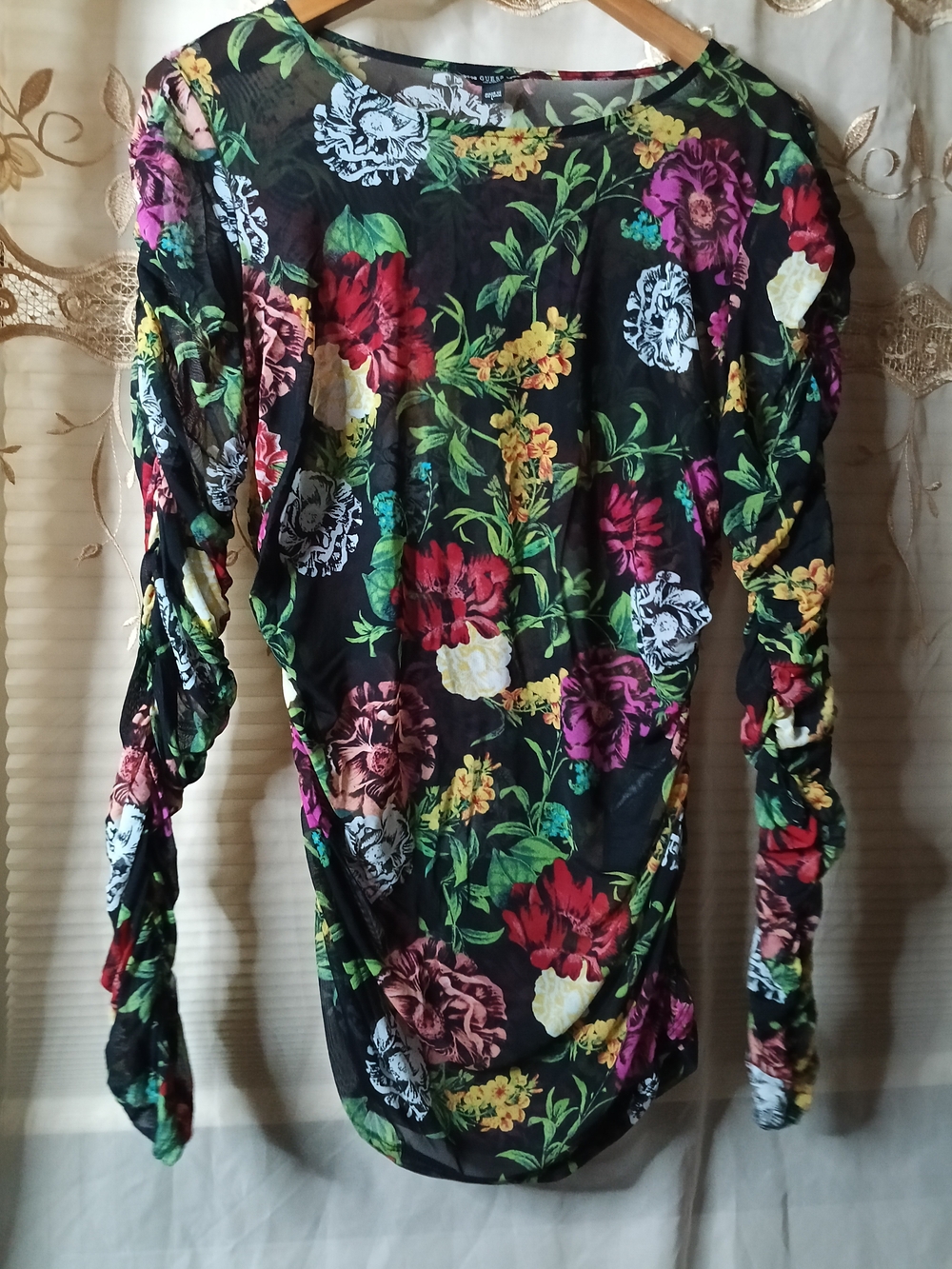Guess Black Floral Sheer Top with Yellow and Green Blooms